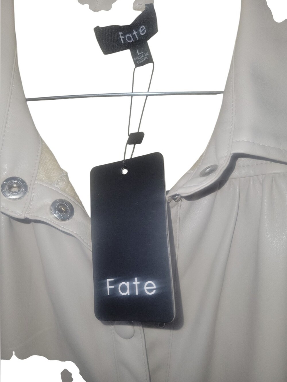 Fate Faux Leather Biege/Cream Puff Sleeve Button-Front Ruffled Hem NWT L - Picture 5 of 9